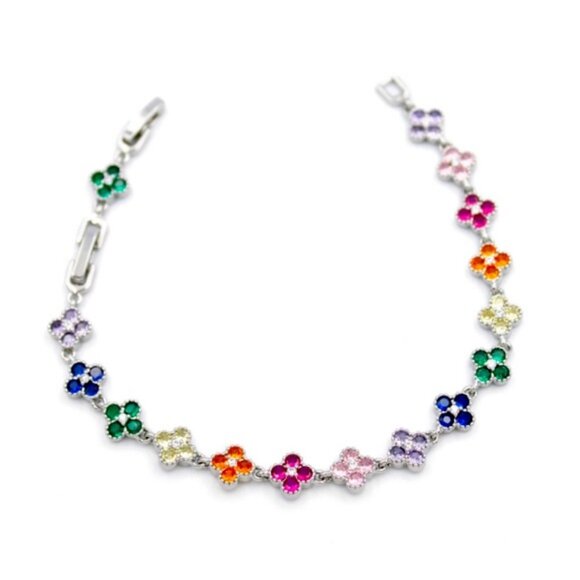 Multicolor Clover Bracelet Silver Tone Platinum Plated - Picture 4 of 9